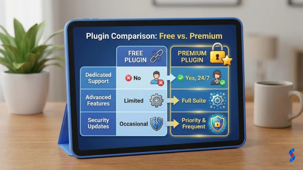 Premium Plugin ROI: The Ultimate Guide to Amazing Value in 2025 1 A comparison table showing features of free vs. premium plugins, highlighting dedicated support, advanced features, and securit