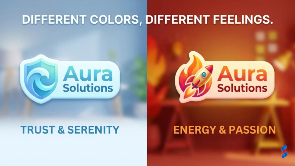 Logo Colors: The Ultimate Guide to Attracting Your Ideal Customer in 2025 1 a-split-screen-showing-two-logos-for-the-same-fictional-company,-one-using-calming-blue-tones