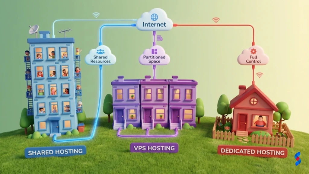 Shared Hosting Enough: The Amazing Truth in 2025 1 an-illustration-comparing-shared-hosting-to-an-apartment-building-vps-hosting-to-atownhouse
