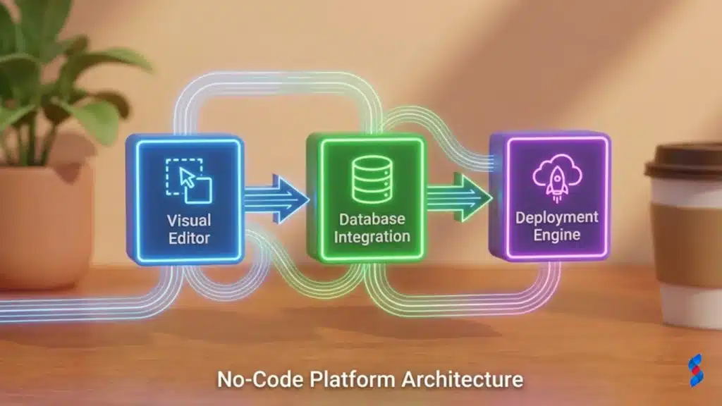 No-Code Development: The Amazing Guide for 2025 1 diagram-illustrating-the-architecture-of-a-no-code-platform-showing-the-visual-editor