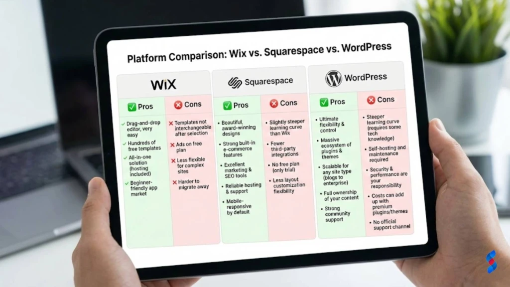 Wix Development: The Ultimate Guide for 2026 Beginners 1 a-comparison-table-highlighting-the-pros-and-cons-of-wix-squarespace-and-wordpress