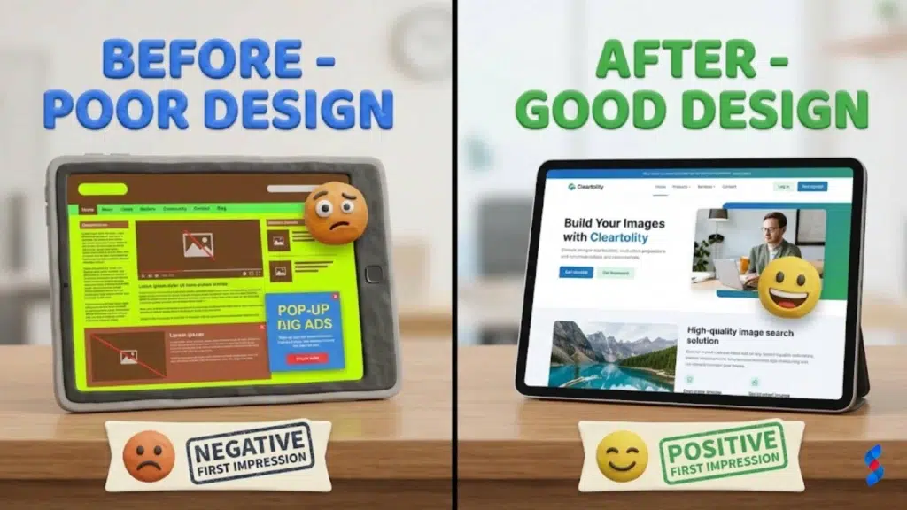 Web Design Impact: Proven Ways It Drives Growth 2026 1 a-split-screen-showing-a-poorly-designed-website-on-one-side-and-a-well-designed-website