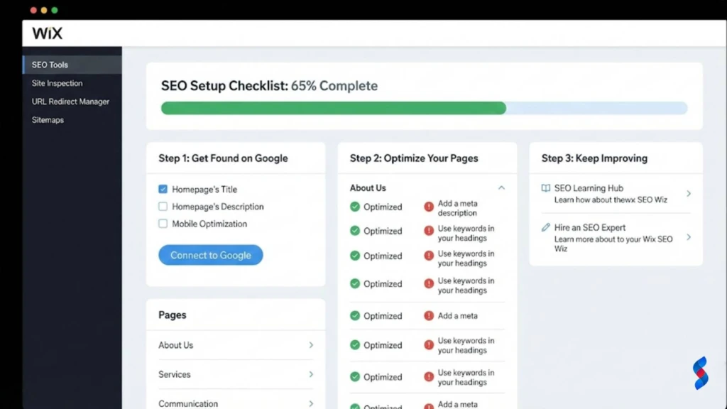 Wix Development: The Ultimate Guide for 2026 Beginners 3 screenshot-of-the-wix-seo-wiz-interface-highlighting-its-features-and-recommendations