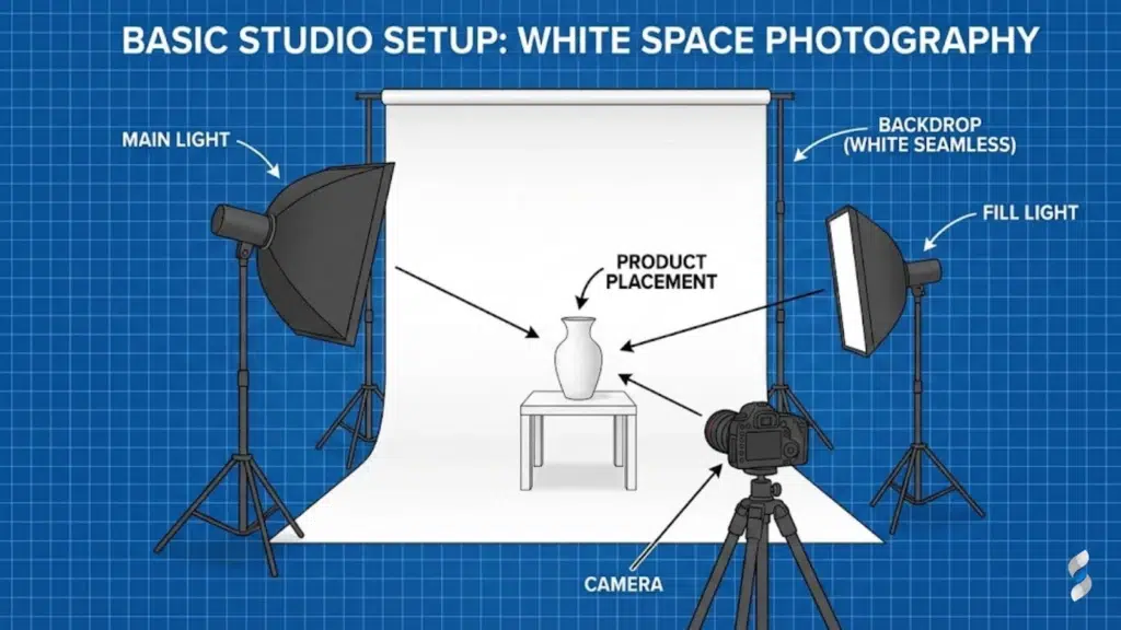 White Space Photography: The Ultimate Guide in 2026 2 a-diagram-showcasing-a-basic-studio-setup-for-white-space-photography-highlighting